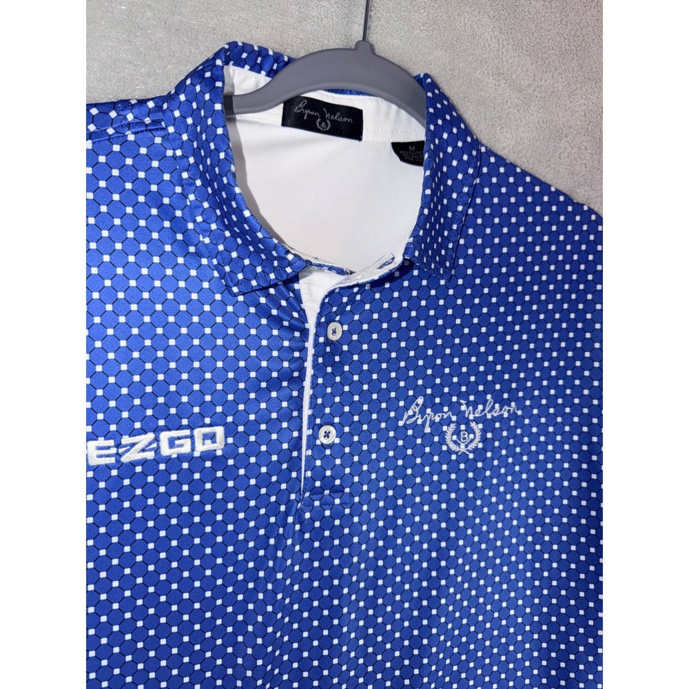 Mens EZGO Medium Byron Nelson Golf Polo Shirt Blue White Dot Print Short‎ Sleeve